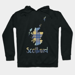 Scotland Blue and Yellow Tartan Map Typography Design Hoodie